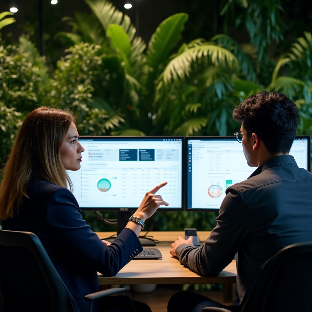 Echipă de implementare software financiar în birou modern